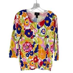 LouLou Colorful Flower Print Cardigan Sweater with Mid Length Sleeves Size Med
